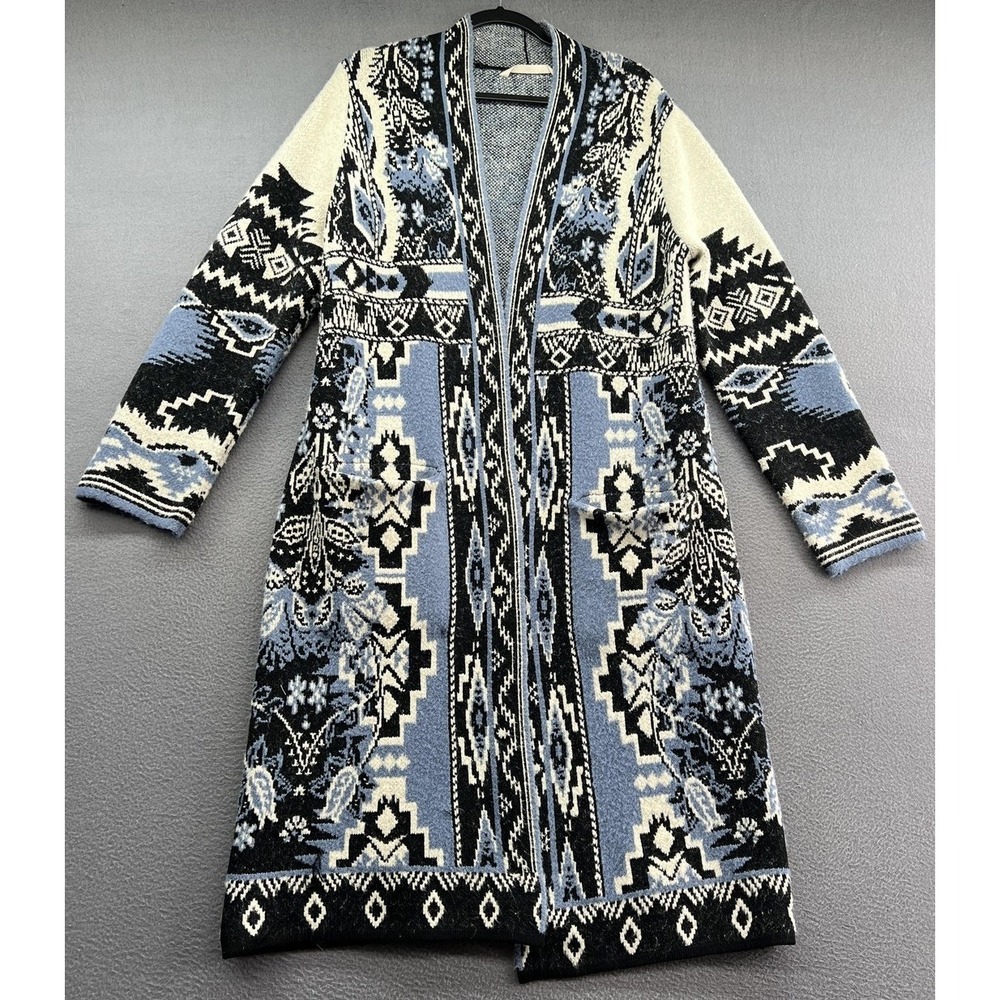 Soft Surroundings Cardigan Sweater Womens Sz M Annelise Long Duster Blue AZTEC
